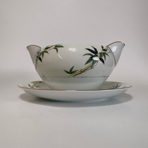 Kent Bali Hai China Gravy Boat/Attached Underplate Bamboo On Rim, Cream Rim VTG - Picture 4 of 16